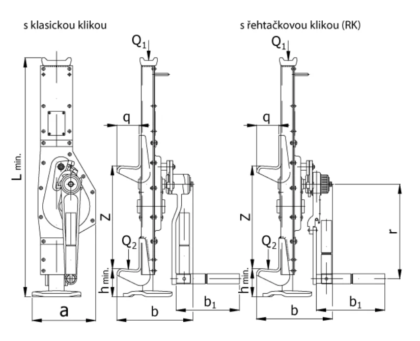 Zvedák hřebenový typ 15-00/01 s nosností 2500 - 16000 kg (dle výběru)